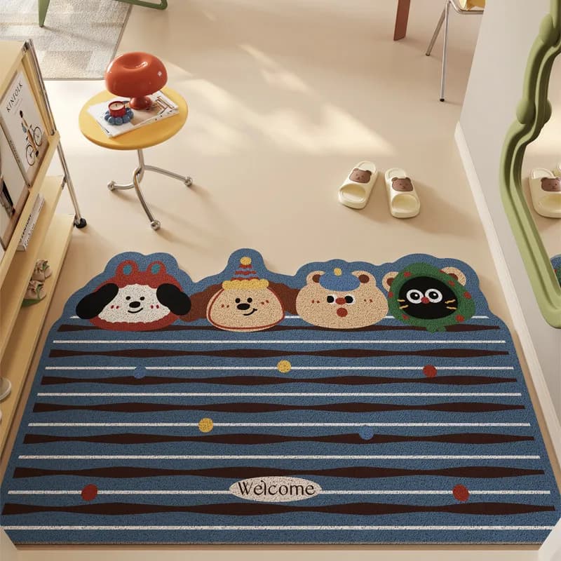 VIKAMA Striped doormat with cute cartoon animals: reduces noise and anti-slip, perfect for children's room entrance and decor