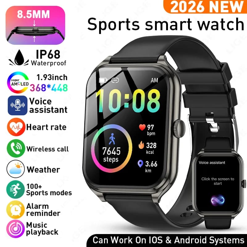 LIGE Smartwatch con Chiamate Vocali, Ultra Sottile, Display AMOLED da 1.93 Pollici, Monitoraggio Fitness, Impermeabile IP68, per Uomini e Donne