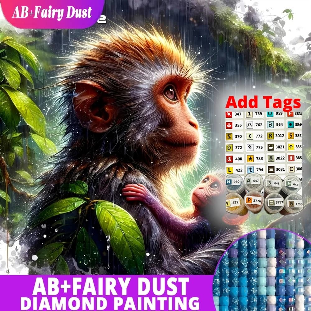 Fairy Dust AB New Arrival Diamond Painting Monkey Animal Rhinestones Picture Cross Stitch Embroidery Velvet Canvas Full Square M