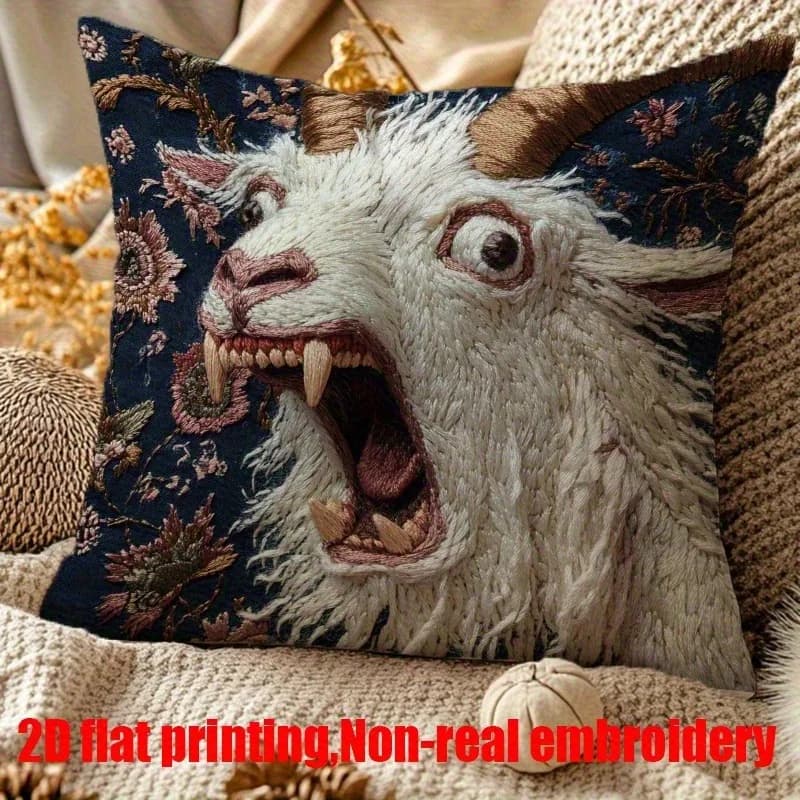 2D Spooky Goat Face Printed Bearing - Sofa Cushion Sheet with Non Real Embroidery Unique for Home, Home Decoration, 2D Printing