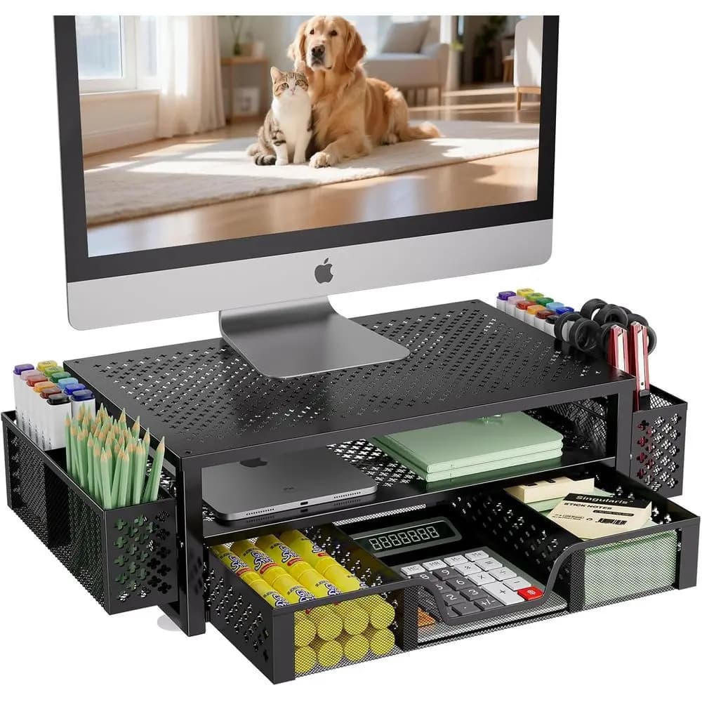 Organizzatore da scrivania e accessori, supporto per monitor a 2 livelli in metallo, supporto per laptop, nero