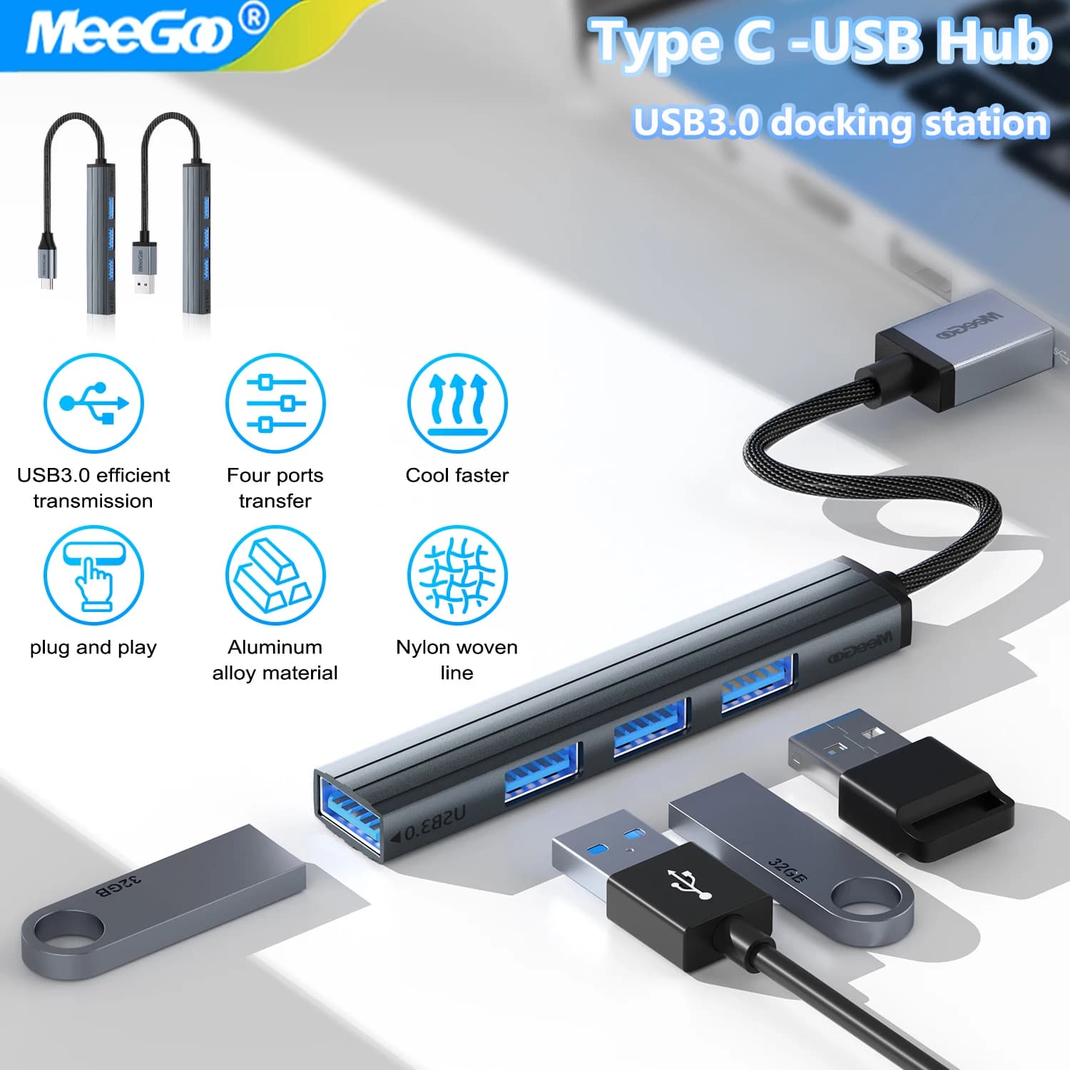 MeeGoo Hub USB 5 in 2 Tipo c Splitter Convertitore USB Supporta OTG, telefono, computer, laptop, chiavetta USB, trasferimento dati scheda SD