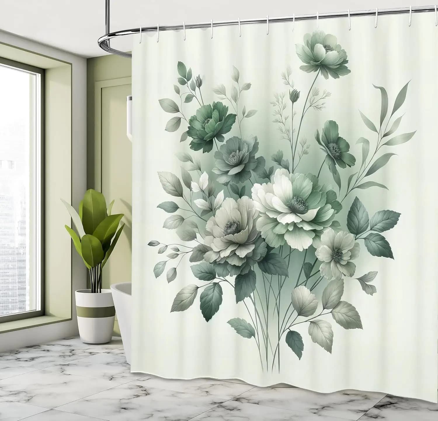 Tenda da doccia verde salvia, fiori di foresta teneri tono nostalgia con foglie giungla urbana minimalista, bagno in tessuto di stoffa