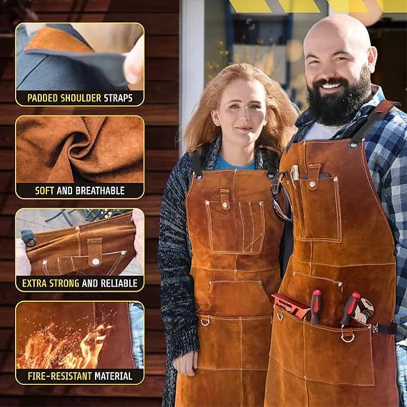 Fire retardant and waterproof apron, made of two-sided fleece, for carpentry, electrician, barbecue and cooking.