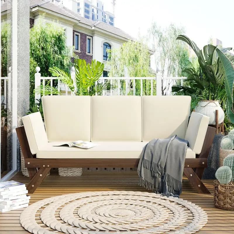 Adjustable wooden sofa for outdoor patio, chaise longue with cushions for small spaces, brown finish and beige cushion