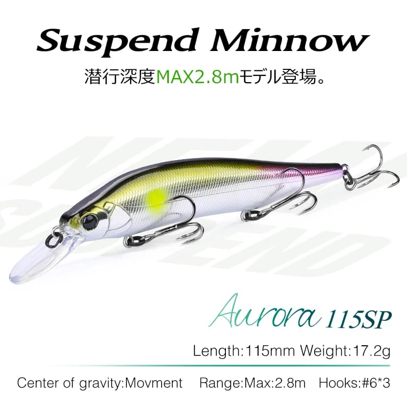 TSURINOYA 4 pz. 115mm 17.2g Esche Artificiali Minnow Sospese con Sistema di Peso AURORA 115sp, Jerkbait Dure per Lucci a Lancio Lungo