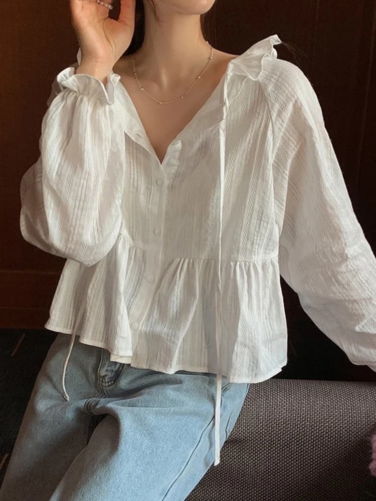 Camicia Bianca Senza Maniche da Donna, Stile Coreano con Delicati Volant, Cintura e Ricami, Top a Maniche Lunghe con Bottoni