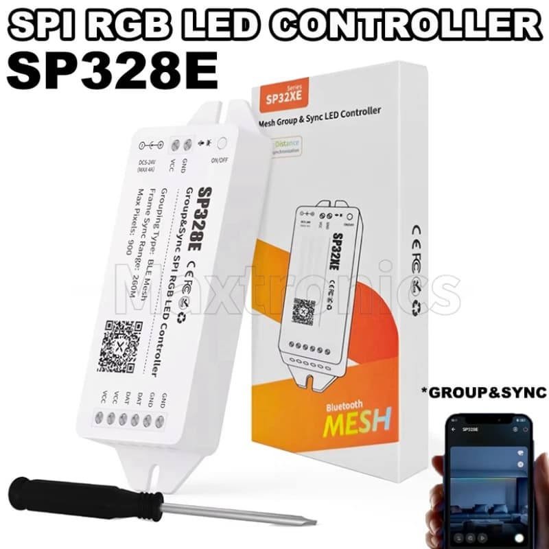 SP328E Gruppo di sincronizzazione SPI RGB LED ControllerDC5-24V BT Mesh a lunga distanza 260M Gamma di sincronizzazione del telaio App Musica Modalità fai da te Striscia luminosa a LED