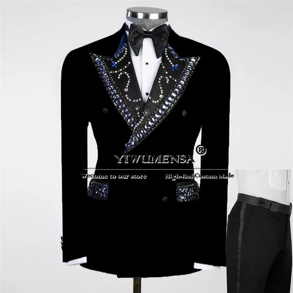 Gemme pietre perline abiti in velluto uomo Fit giacca doppiopetto pantaloni 2 pezzi sposo smoking da sposa su misura abbigliamento moda maschile