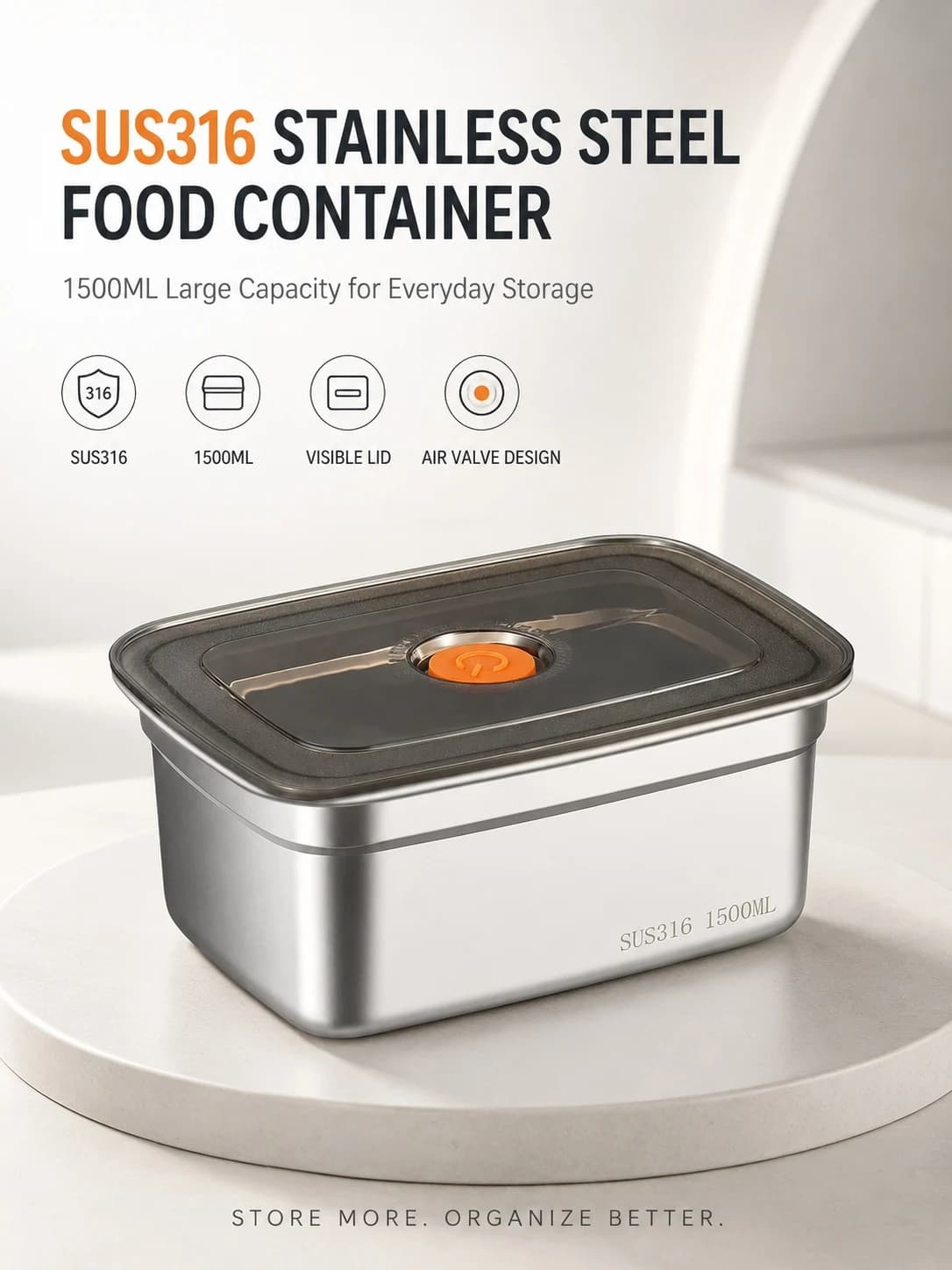 316 Stainless Steel Food Container with Airtight Lid & Air Valve, Leakproof Meal Prep Lunch Box, Large Capacity Food Storage