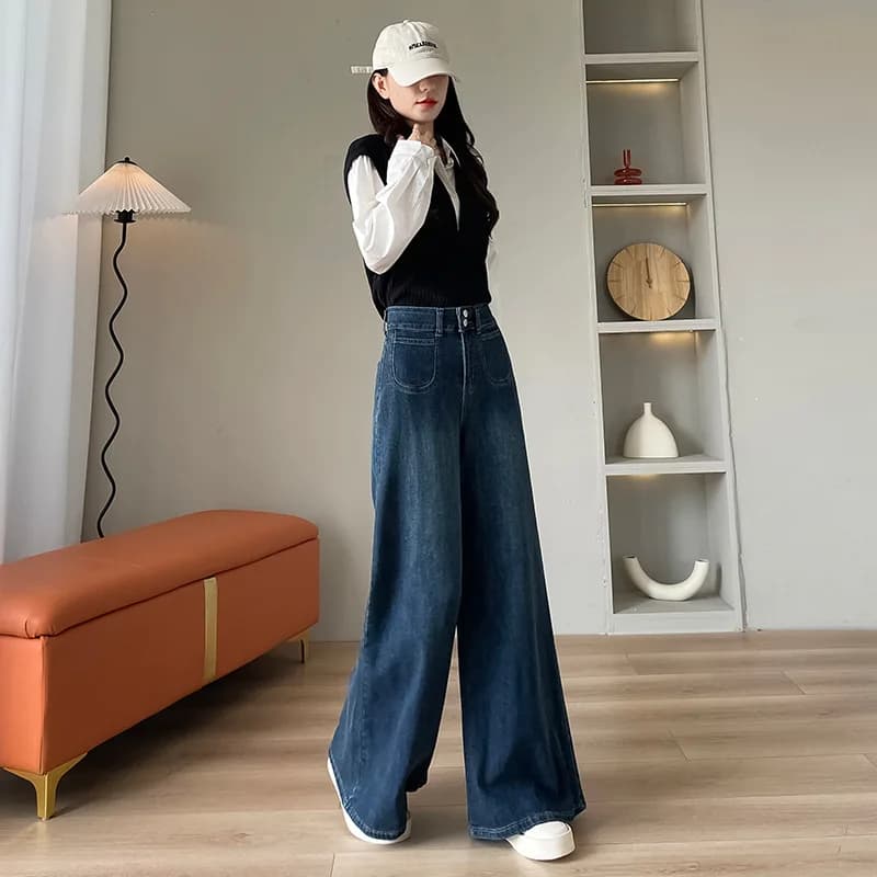 Pantaloni larghi in denim vintage a vita alta. Jeans micro svasati lunghi fino al pavimento con doppia fibbia a vita alta da donna primavera autunno nuovi