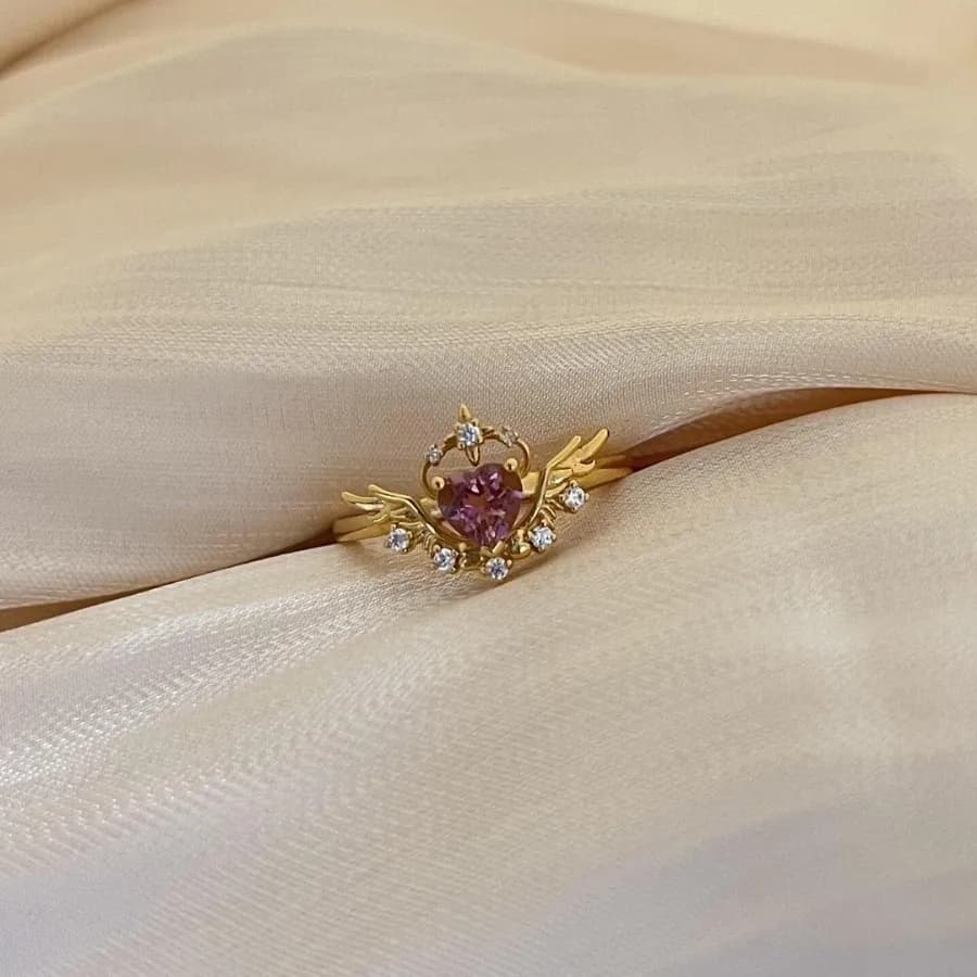Anelli di diamanti intarsiati con ali in stile fata fresca per le donne, anello rosa regolabile a forma di cuore, regalo di gioielli per banchetti di lusso leggero