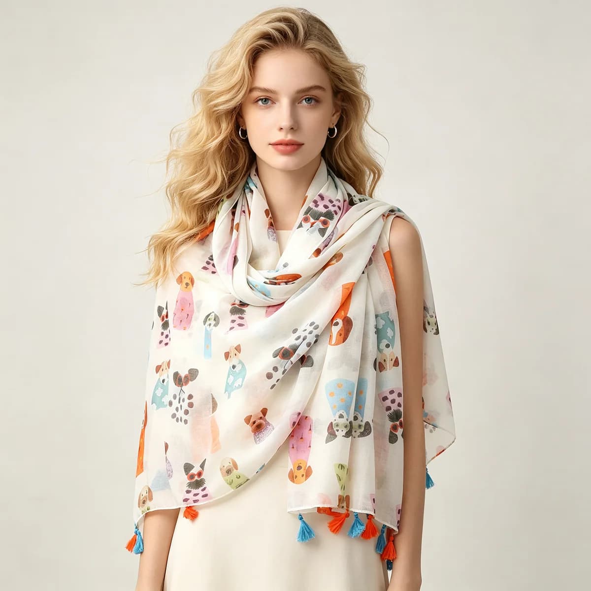 Women Cartoon Dog Print Tassel Scarf Lightweight Cute Puppy Animal Pattern Fashion Casual Shawl Wrap Scarves 88x180cm