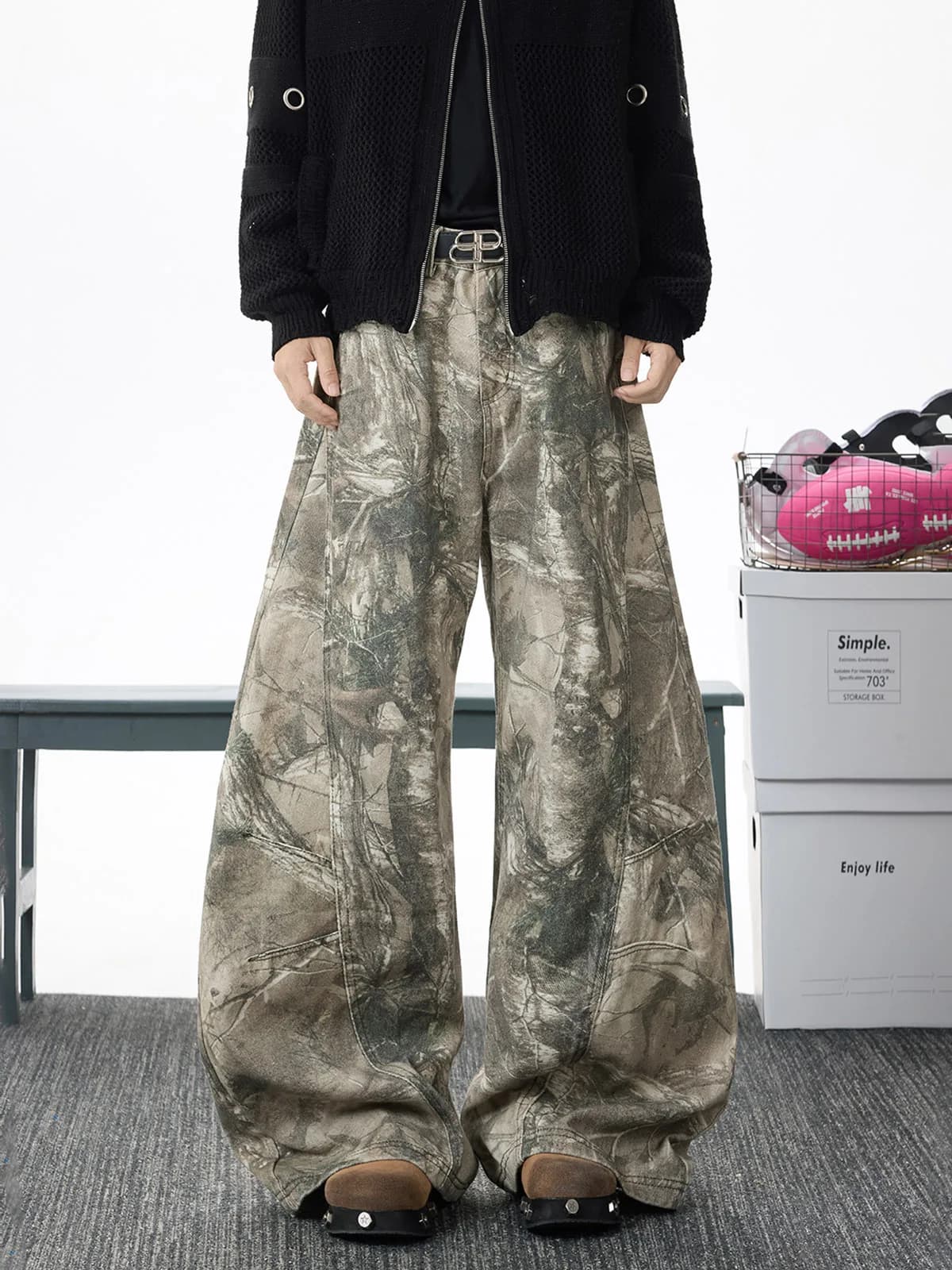 American Retro Camouflage Knife Wide Leg Jeans Men Women Slimming High Street Design Loose Drapey Bootcut Pants