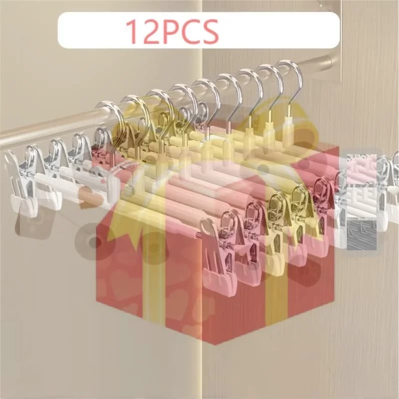 12Pcs Adjustable Metal Hangers With Clips, Non-Slip Space-Saving For Pants/Skirts & All Garments, Keep Clothes Tidy & Organized