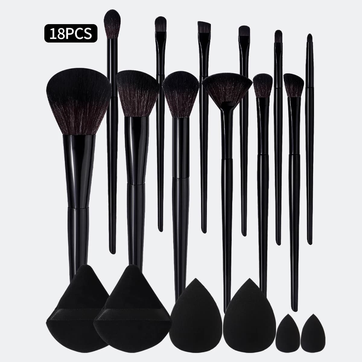 Set di 18 Pennelli Professionali per Trucco Completamente Neri con Spugne e Piumini per Fondotinta, Ombretto, Correttore, Kit Completo per il Viso