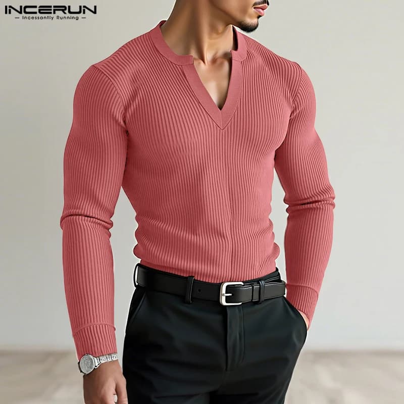 INCERUN Maglietta da uomo tinta unita scollo a V manica lunga lavorata a maglia streetwear maglietta maschile top autunno moda casual abbigliamento uomo 2025