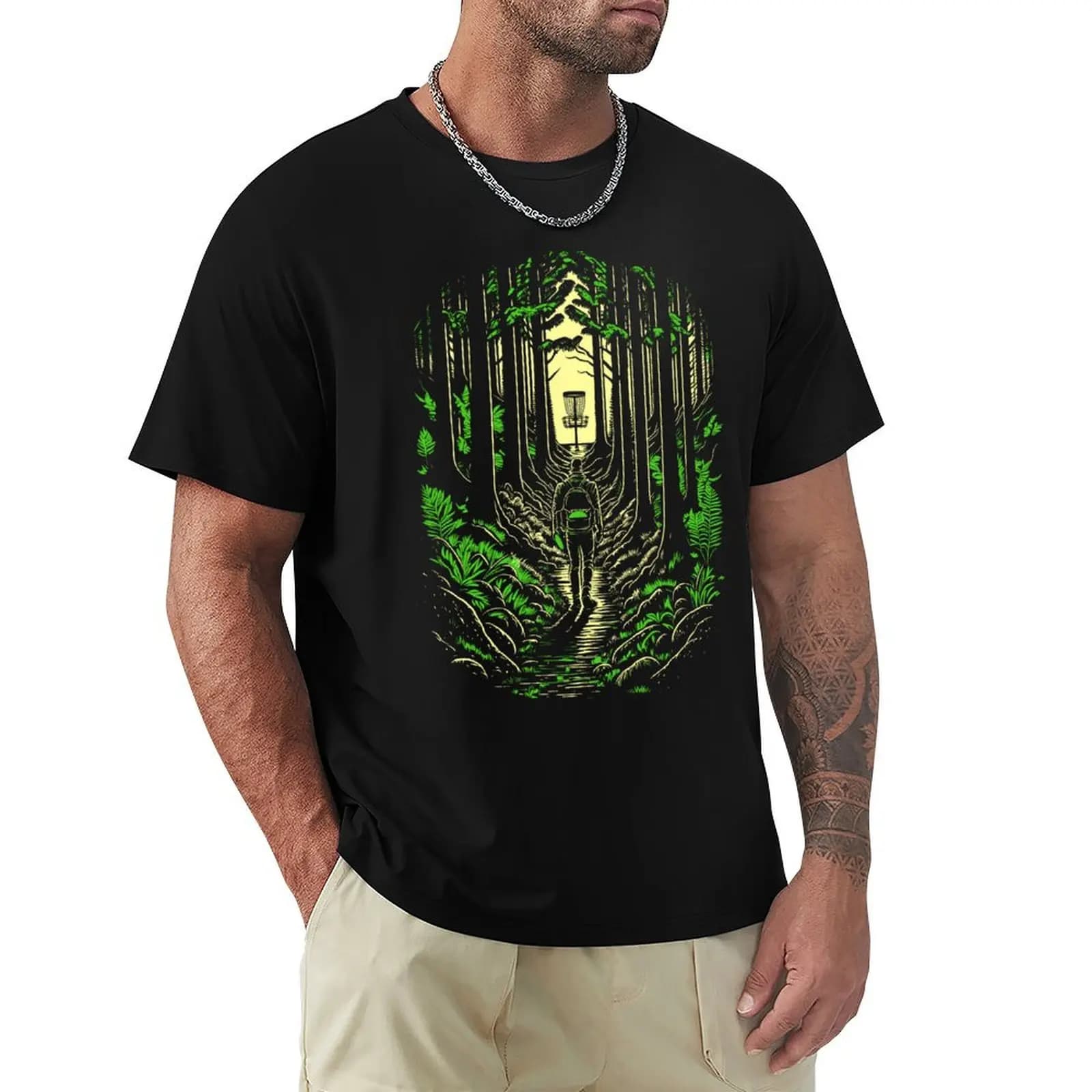 T-shirt Disc Golf Forest Course Wilderness Golfer Sunset, semplice, tinta unita, girocollo