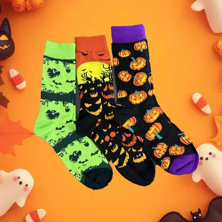 1/3 paia di calzini al ginocchio traspiranti in maglia con motivo pipistrello e testa di zucca di Halloween unisex