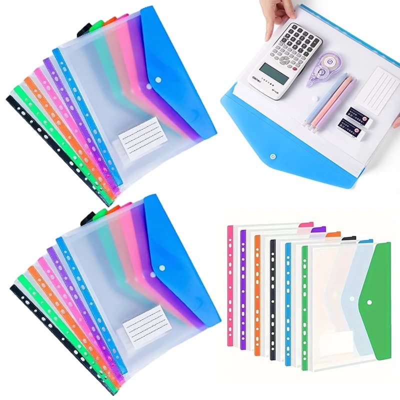 15PCS Random Mix Color Transparent File Bags Expandable Binder Pouch Snap Button Closure Waterproof Plastic Document Folders ZYF