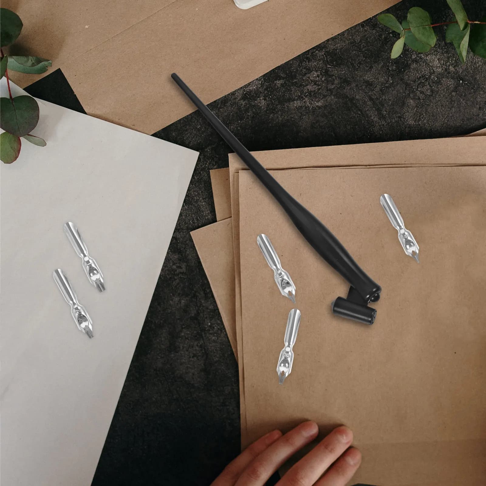 1Set Elegant Calligraphy Dip Pen Set Metal Construction Bent Tip Flat Head Nib Portable Drawing Signature Pen for Lettering Art