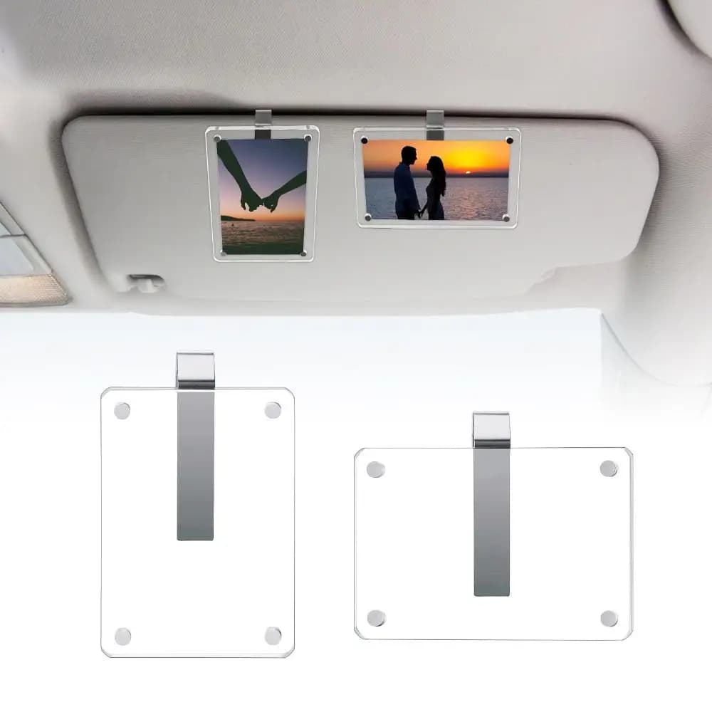 Portafoto Magnetico per Parasole Auto, Espositore Fotografico in Acrilico, Supporto per Foto Auto Orizzontale e Verticale, Clip per Cornice