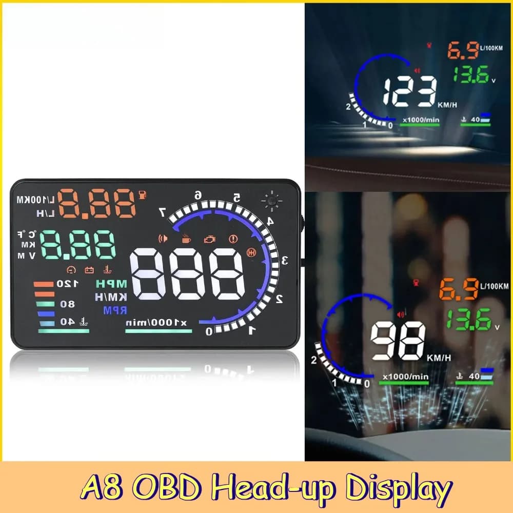 Display Digitale per Auto OBD HUD A8, Proiettore su Parabrezza, Tachimetro LED, Indicatore Temperatura Acqua e Contagiri