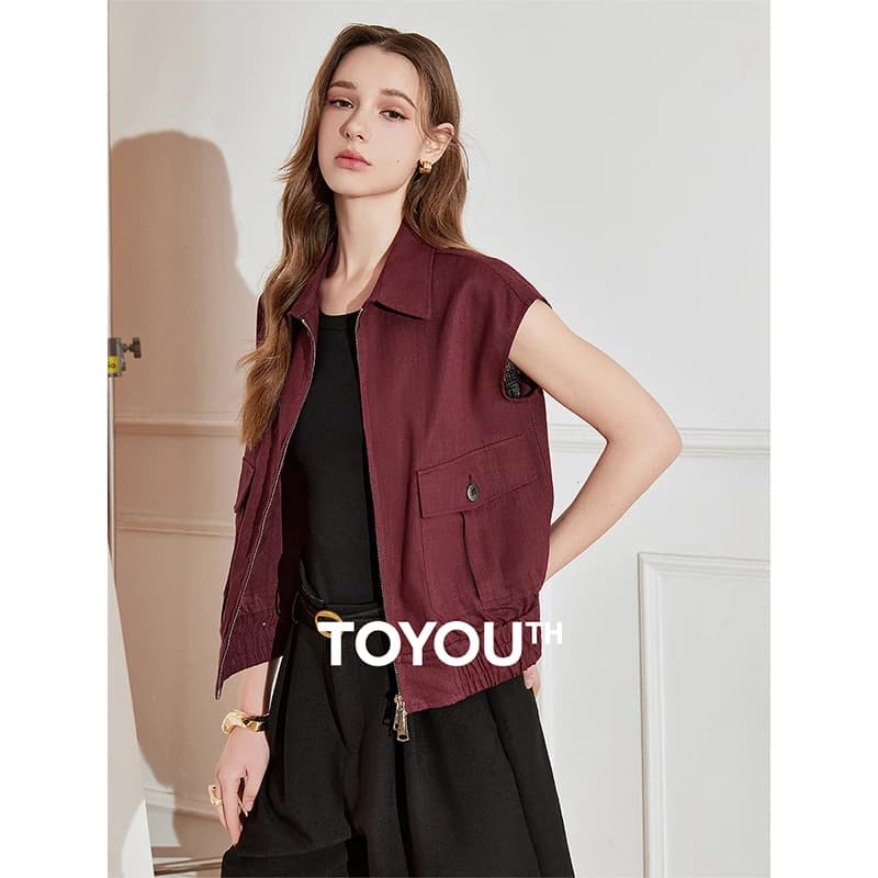 TOYOUTH Giacca senza maniche da donna 2025 Primavera nuova cerniera colletto rovesciato giacca gilet casual