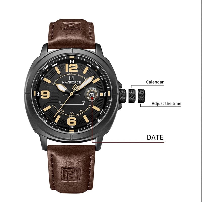 NAVIFORCE Orologi al quarzo moda uomo 3ATM Display luminoso impermeabile Quadrante classico con bussola Orologi da polso con cinturino traspirante in PU