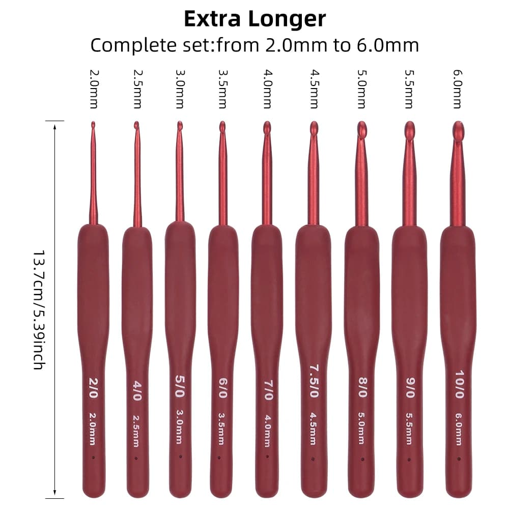 Kit di uncinetti da 9 misure (2-6 mm), impugnature ergonomiche in gomma per mani artritiche, accessori per maglieria e uncinetto per principianti, comodi