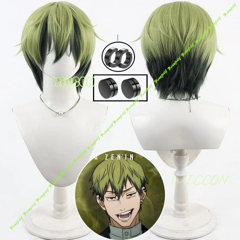 Naoya Zenin Cosplay Wig Green Black Hair Straight Earrings Shimetsu Kaiyuu Anime Halloween Party Role Game for Women Men