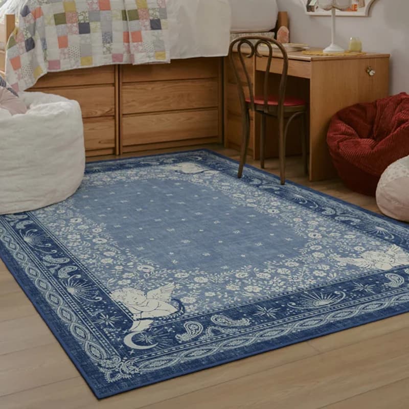 Living Room Carpet Large Size Rug Soft Comfortable Floor Mat Non-slip Machine Washable French Retro Blue White Angel Floral Rugs