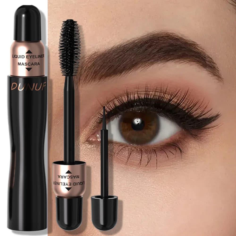 Mascara e Eyeliner 2 in 1 Impermeabile, Allungante, Volumizzante e Incurvante, Crema per Ciglia a Lunga Durata, Anti-sbavatura, Non Grummosa
