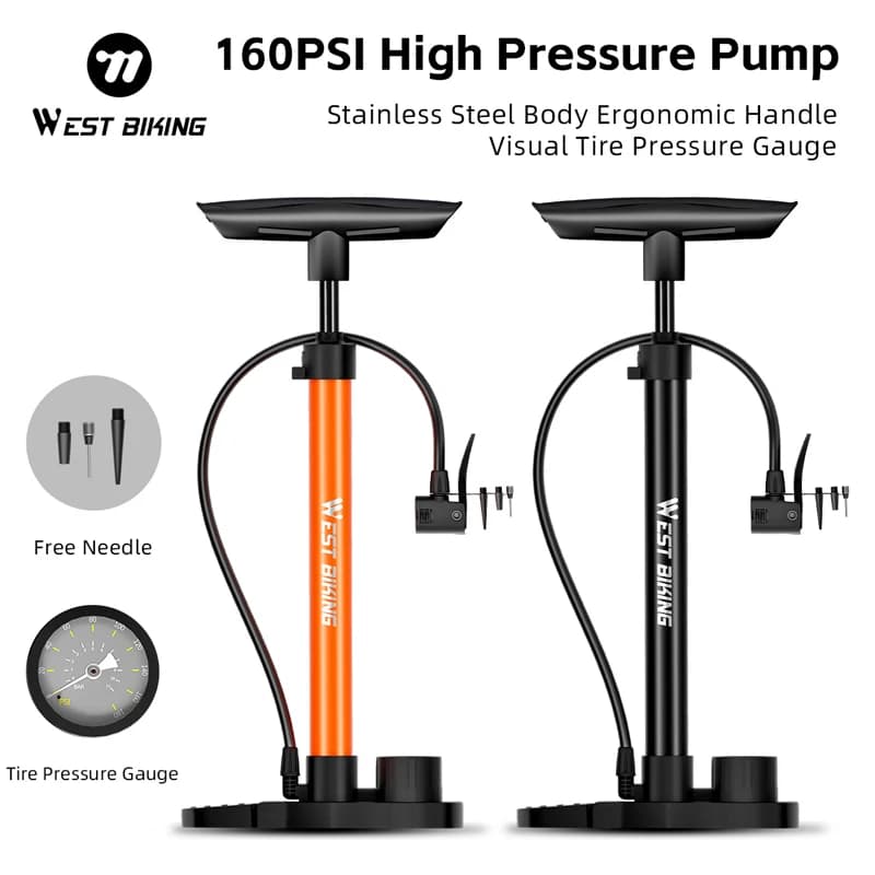WEST BIKING 160PSI Pompa per bici Pompa da pavimento portatile in acciaio inossidabile Valvola Presta e Schrader Gonfiatore per pneumatici MTB Accessori per bici da strada