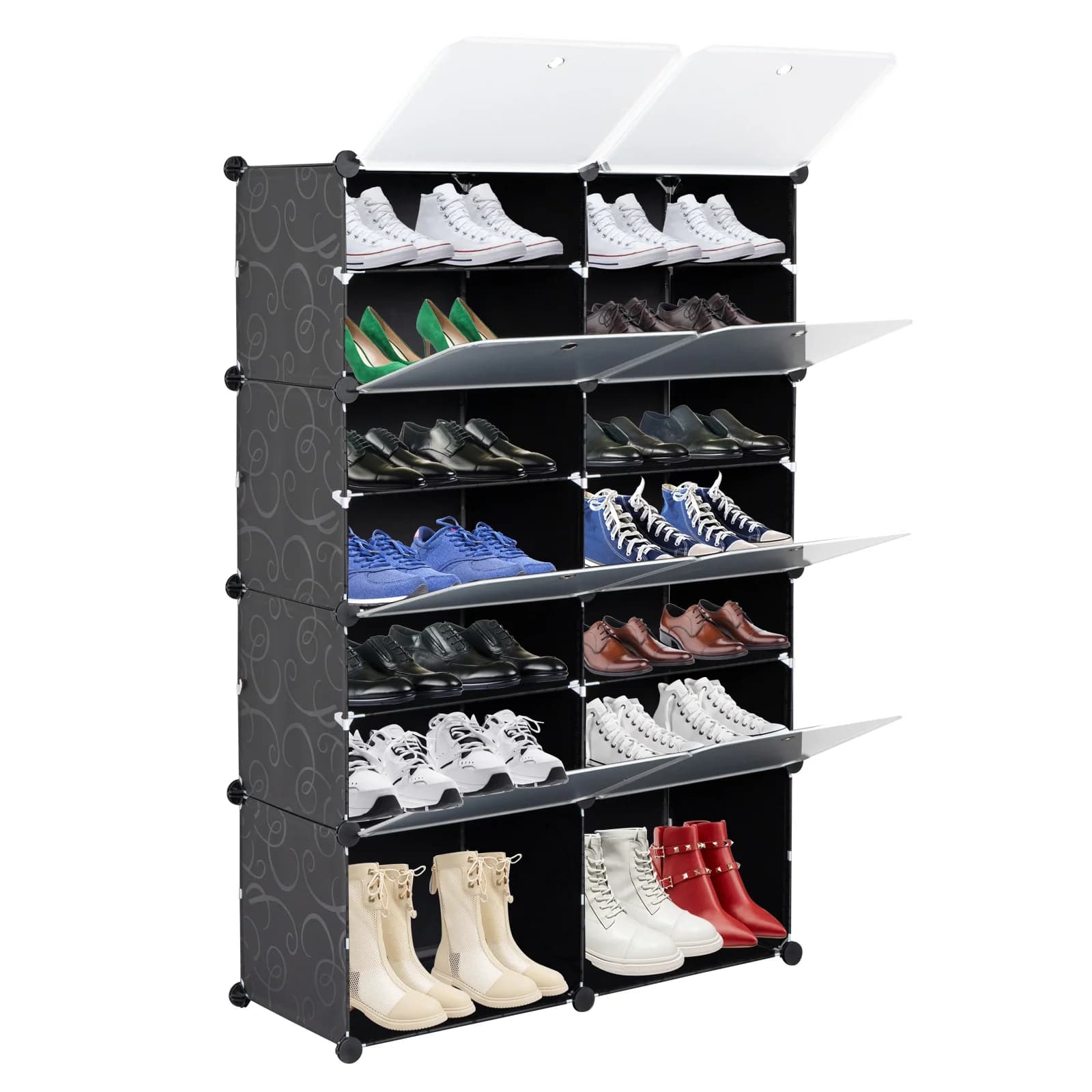 Organizzatore scarpiera portatile da 28 paia a 7 livelli, 14 griglie, scaffale a torre, supporto per armadio di stoccaggio, espandibile per tacchi, stivali, pantofole