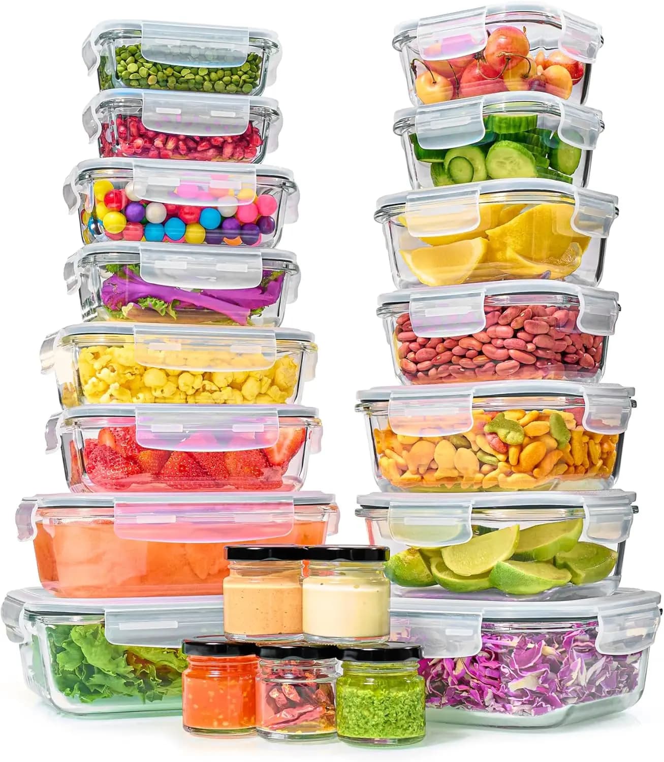 Set di 40 Contenitori in Vetro per Alimenti con Coperchi Ermetici - Set per Preparazione Pasti a Prova di Perdite, Senza BPA, Adatti per Microonde, Congelatore e Lavastoviglie