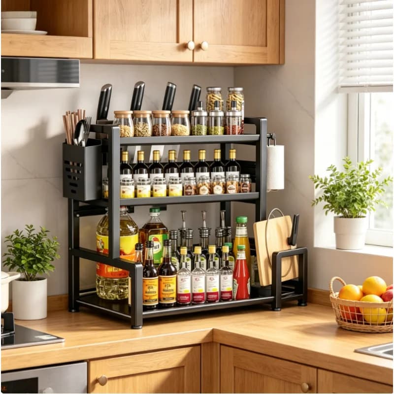 Organizzatore per Spezie da Cucina, Portaoggetti in Metallo a 3 Ripiani Regolabili con Ganci Portacoltelli, Nero