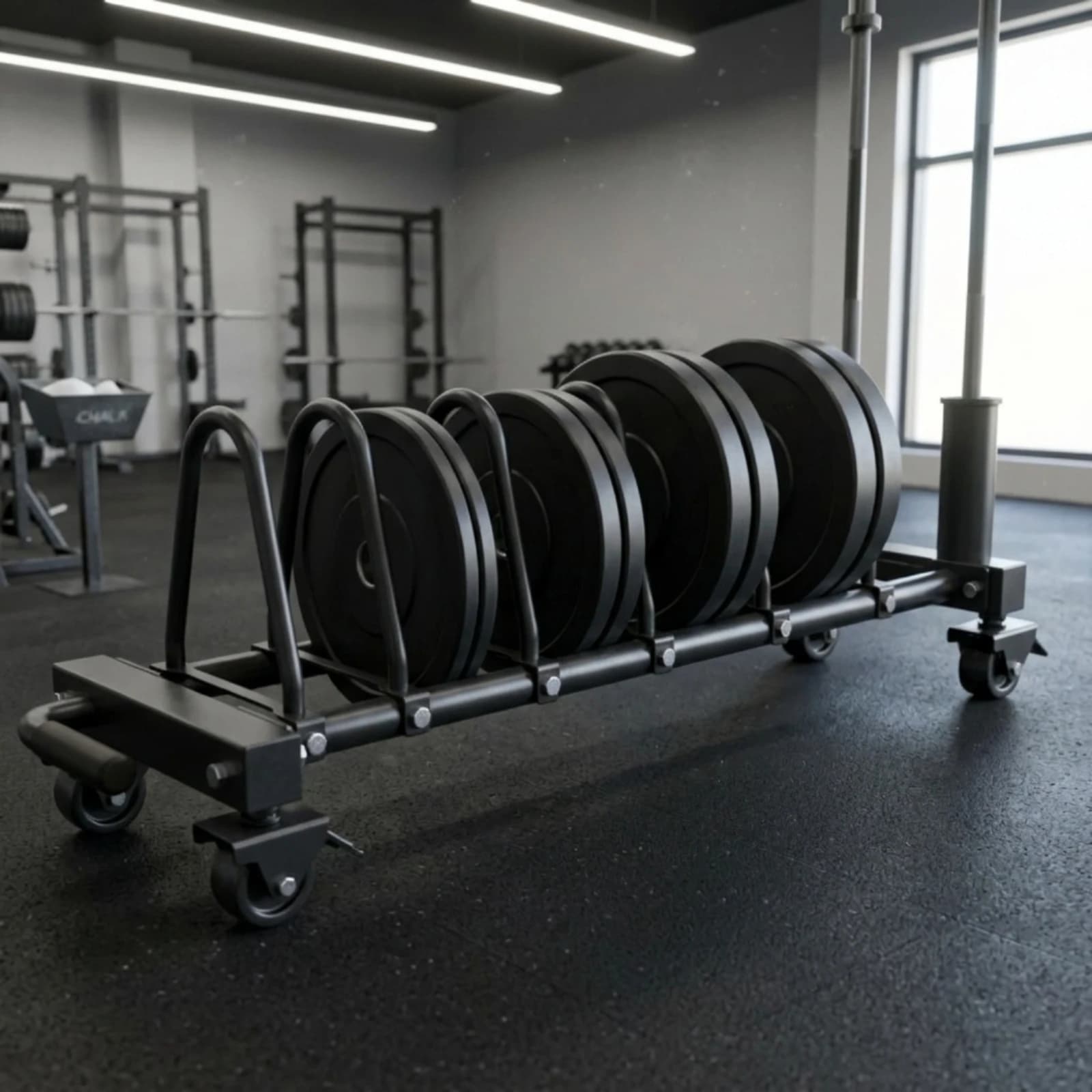Weight Plate Storage Rack Caster Wheels Plate Storage Trolley Barbell Holder Trolley Black Metal Mobile for Gym