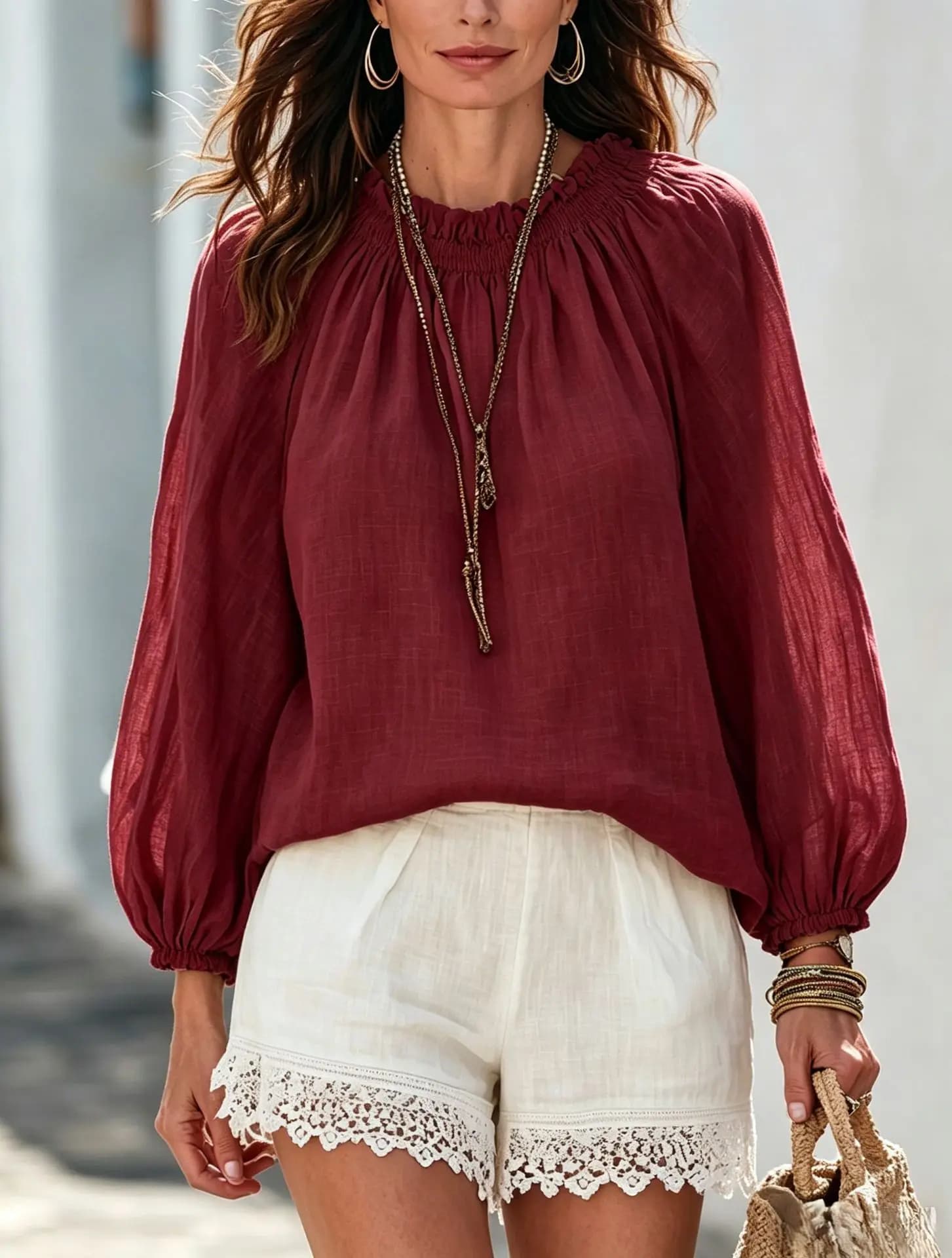 Women's Casual Loose Blouse Elastic Ruffle Neck Long Lantern Sleeve Top Elegant Daily Vacation Shirt
