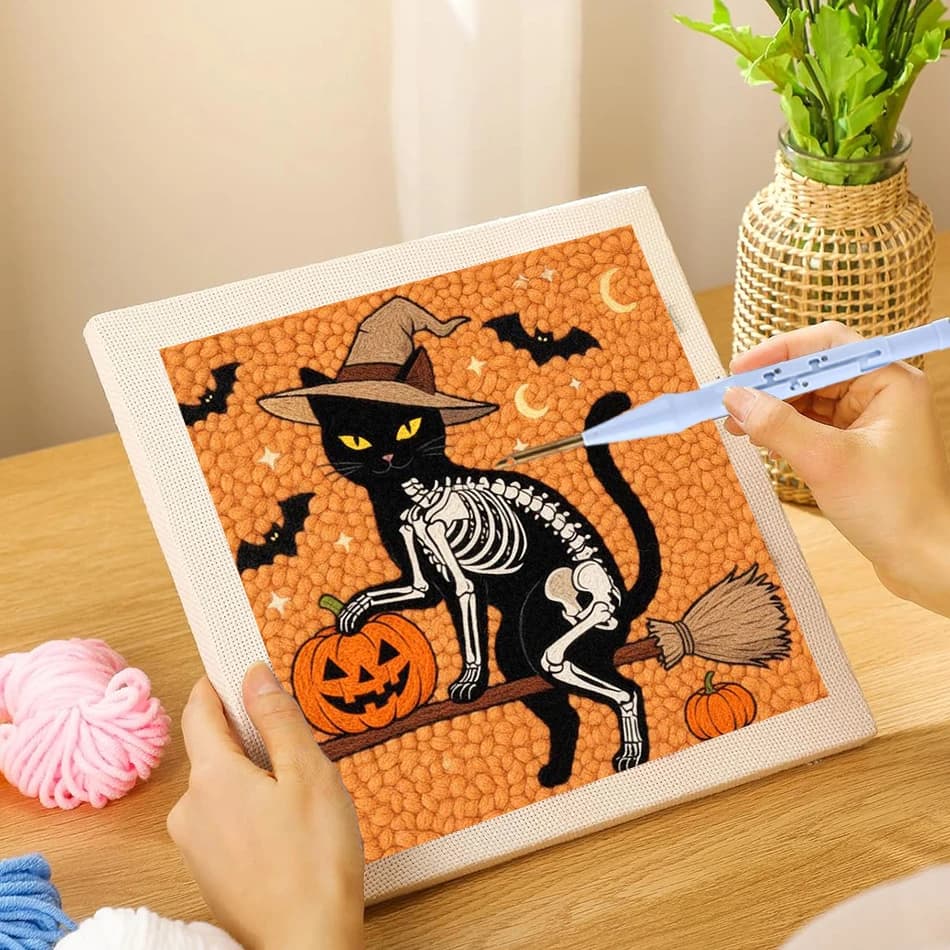 Skeleton Black Cat Punch Needle Kit DIY Embroidery Craft Kit For Beginners Magic Tufting Set Poking Cross Stitch Halloween Gift