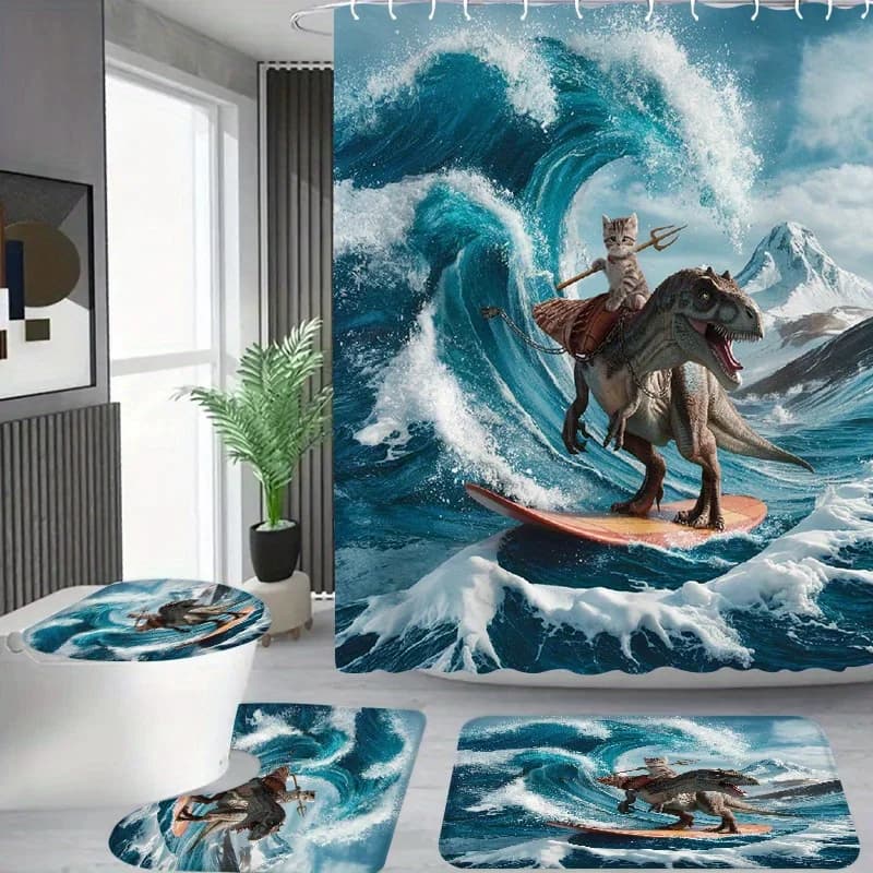 4 pezzi modello gatto dinosauro surf, set tenda da doccia per bagno appartamento con 12 ganci, tappetino da bagno, copriwater e U-Sha