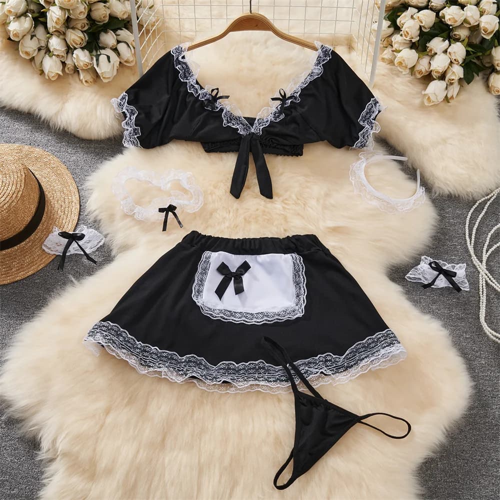 Cameriera sexy Uniforme cosplay Lingerie sexy Scollo a V Crop Top Elastico in vita A-Line Gonna corta Set Hotsweet Abiti segreti da donna