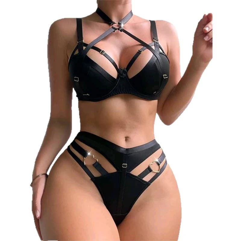 Costume da bagno bikini a due pezzi con design traforato, nero, set semitrasparente dallo sottile tocco sexy