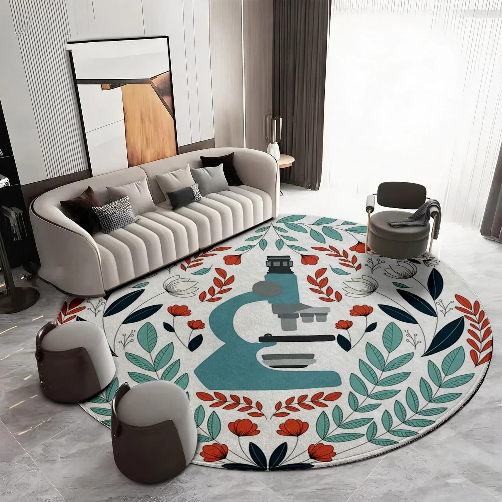 Scientific Microscope Botany Pattern Round Area Rug for Living Room Home Decor Modern Boho Floral Classroom Mat Flooring Carpet