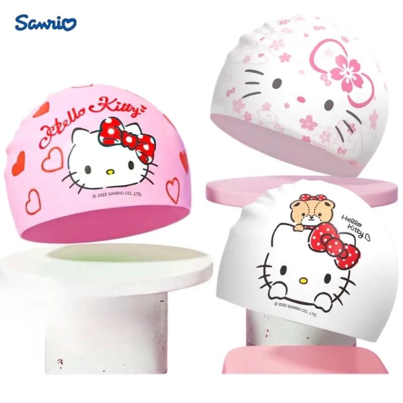 Cappello da nuoto Anime Hello Kitty Cartoon in PU impermeabile con protezione per le orecchie, cappello da bagno elastico, cappelli da piscina per ragazzi e ragazze