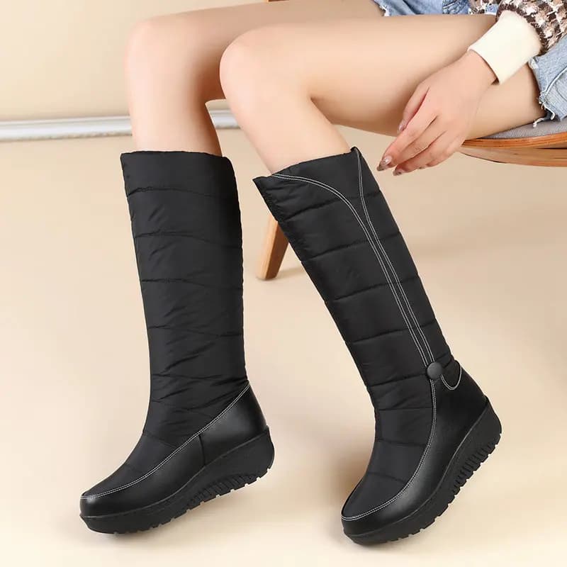 REAVE CAT Women Snow Boots Waterproof Knee High Female Booties Big Size 42 43 44 Round Toe Thick Heels 4.5cm Slip On Black Red