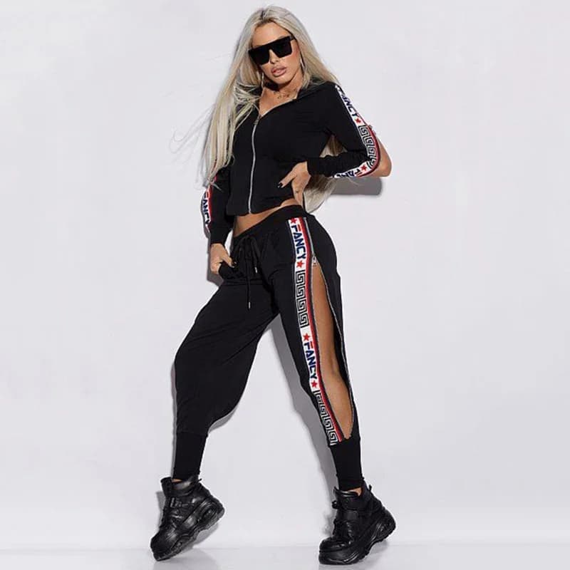 Oshoplive Female High Street Sports Two Piece Sets 2025 New Fashion Zipper Hooded Jackets & Elastic Waist Sweatpants Suits