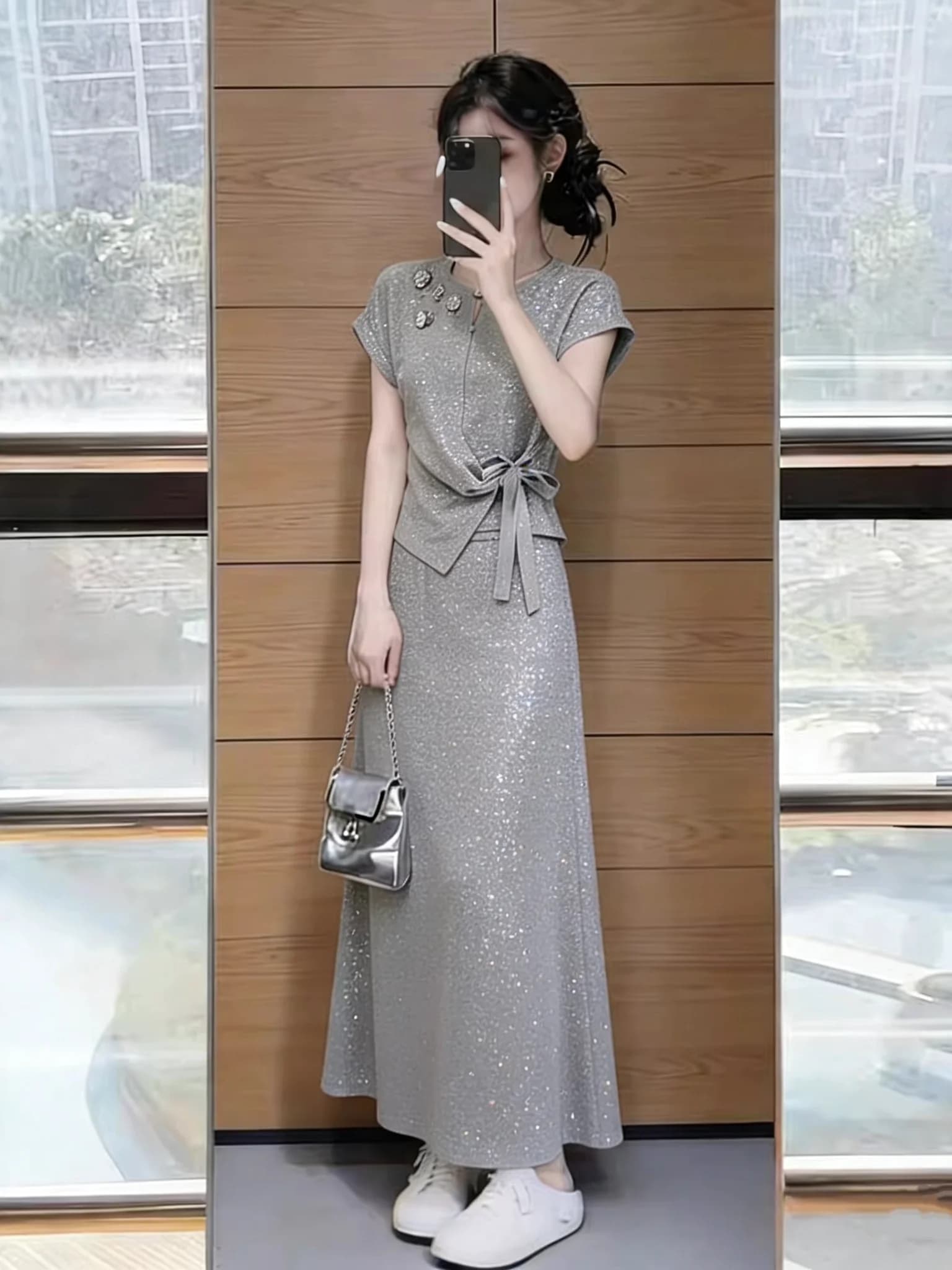 Chic Short Sleeve Dress Set for plus Size Women Pleated Knot T-Shirt Top Long Skirt Two Piece Set Korean Style Commute