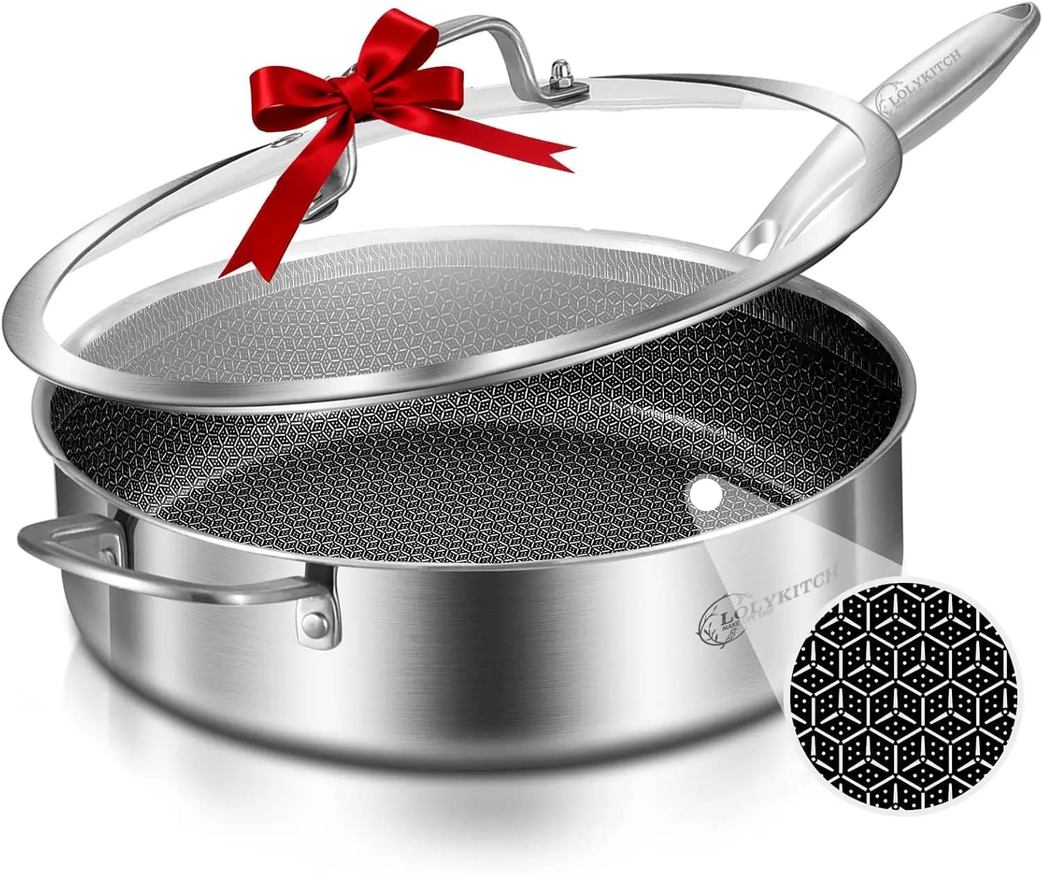 6 QT Stainless Steel Tri-Ply Non-stick pan with Cover, 12 Inches, for Deep Friction, Induction and Oven