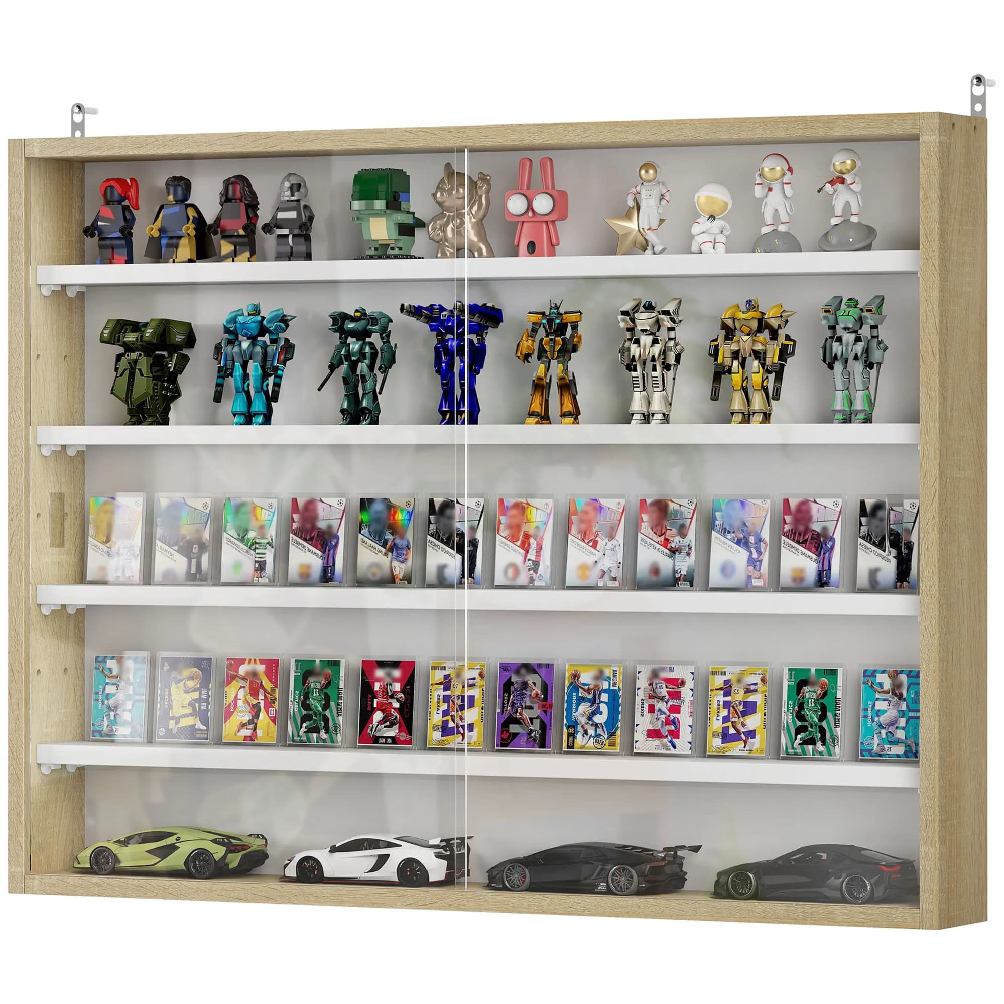 Vetrina da Parete in Vetro con Ripiani Regolabili, Mobile Espositore a 4 Livelli per Oggetti da Collezione, Porte Larghe in Vetro Trasparente, Rovere